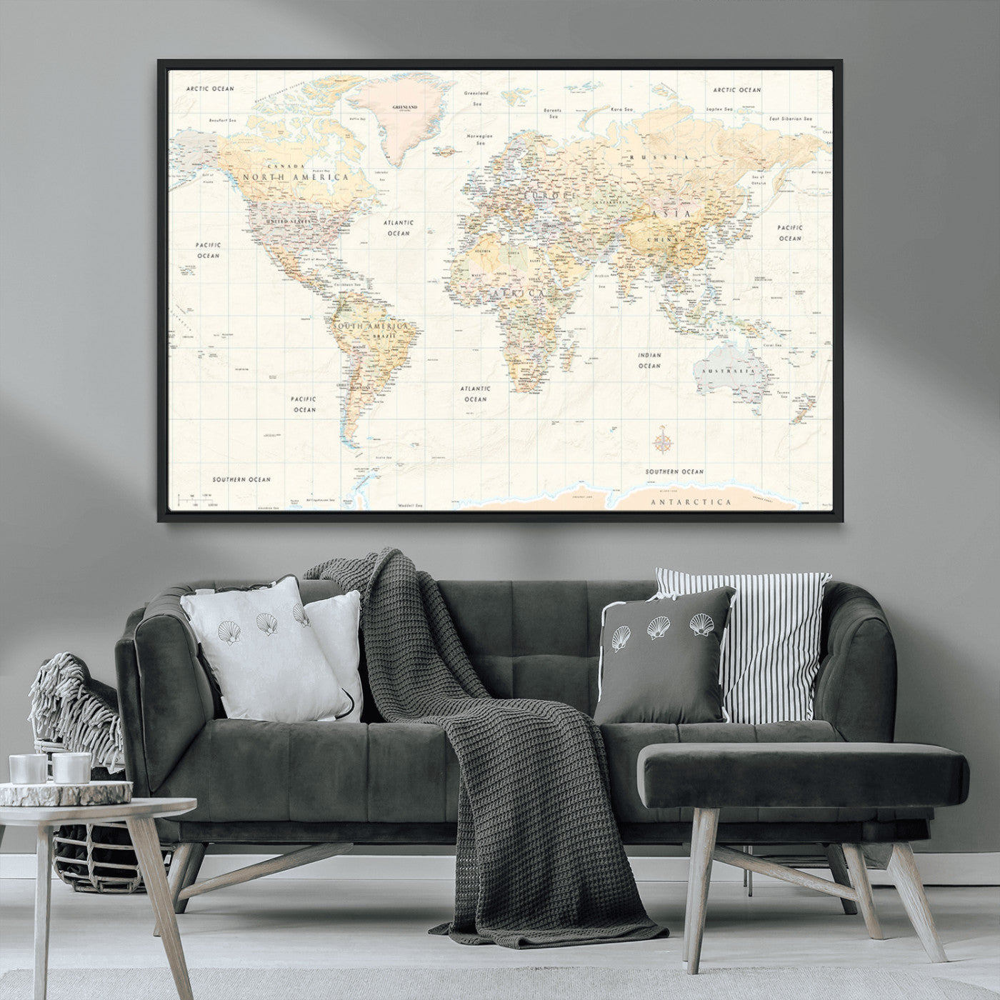 40660043-MGV-CV-36X24-World Map Wall Art – Large Detailed Atlas Style Map Print with Countries, Cities, and Oceans, Neutral Beige and Tan Educational