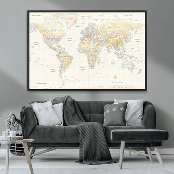 40660043-MGV-CV-36X24-World Map Wall Art – Large Detailed Atlas Style Map Print with Countries, Cities, and Oceans, Neutral Beige and Tan Educational
