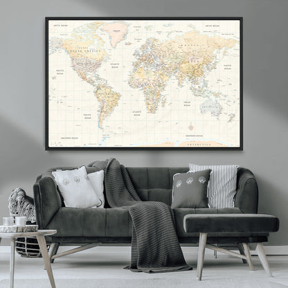 40660043-MGV-CV-36X24-World Map Wall Art – Large Detailed Atlas Style Map Print with Countries, Cities, and Oceans, Neutral Beige and Tan Educational