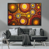81120549-MGV-CV-36X24-Abstract Dot Painting Wall Art – Vibrant Tribal Boho Style Canvas Print with Sunburst Mandala Circles in Warm Red, Yellow, Orange