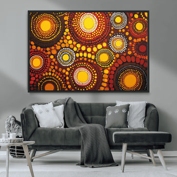 81120549-MGV-CV-36X24-Abstract Dot Painting Wall Art – Vibrant Tribal Boho Style Canvas Print with Sunburst Mandala Circles in Warm Red, Yellow, Orange