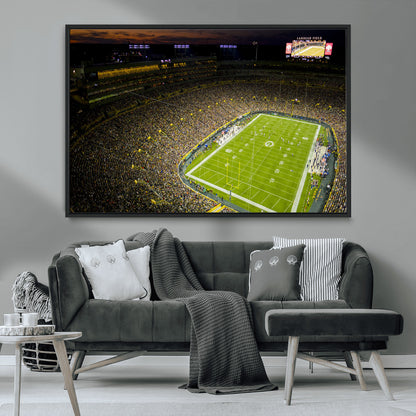 23655234-MGV-CV-36X24-Lambeau Field Stadium Wall Art – American Football Night Game Canvas Print with Packed Crowd and Lights – Sports Decor for Man
