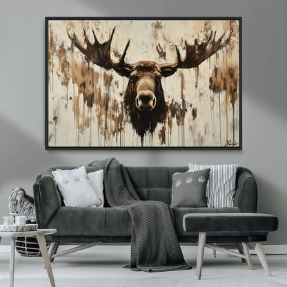 34496536-MGV-CV-36X24-Rustic Moose Wall Art – Modern Abstract Animal Canvas Print – Majestic Moose Head Painting with Neutral Earth Tones for Cabin,