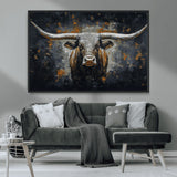 93195031-MGV-CV-36X24-Dark Longhorn Bull Wall Art – Western Steer Canvas Print, Moody Rustic Animal Painting for Man Cave, Ranch House, Office or Modern