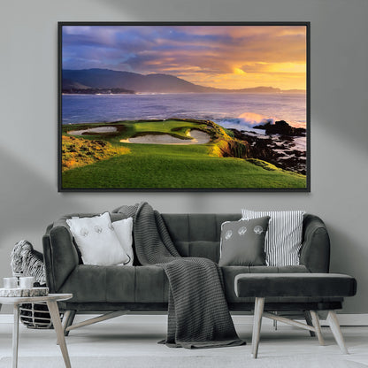 39644075-MGV-CV-36X24-Golf Course Wall Art – Coastal Sunset Canvas Print, Scenic Oceanfront Fairway Landscape Decor for Office, Man Cave, or Living Room