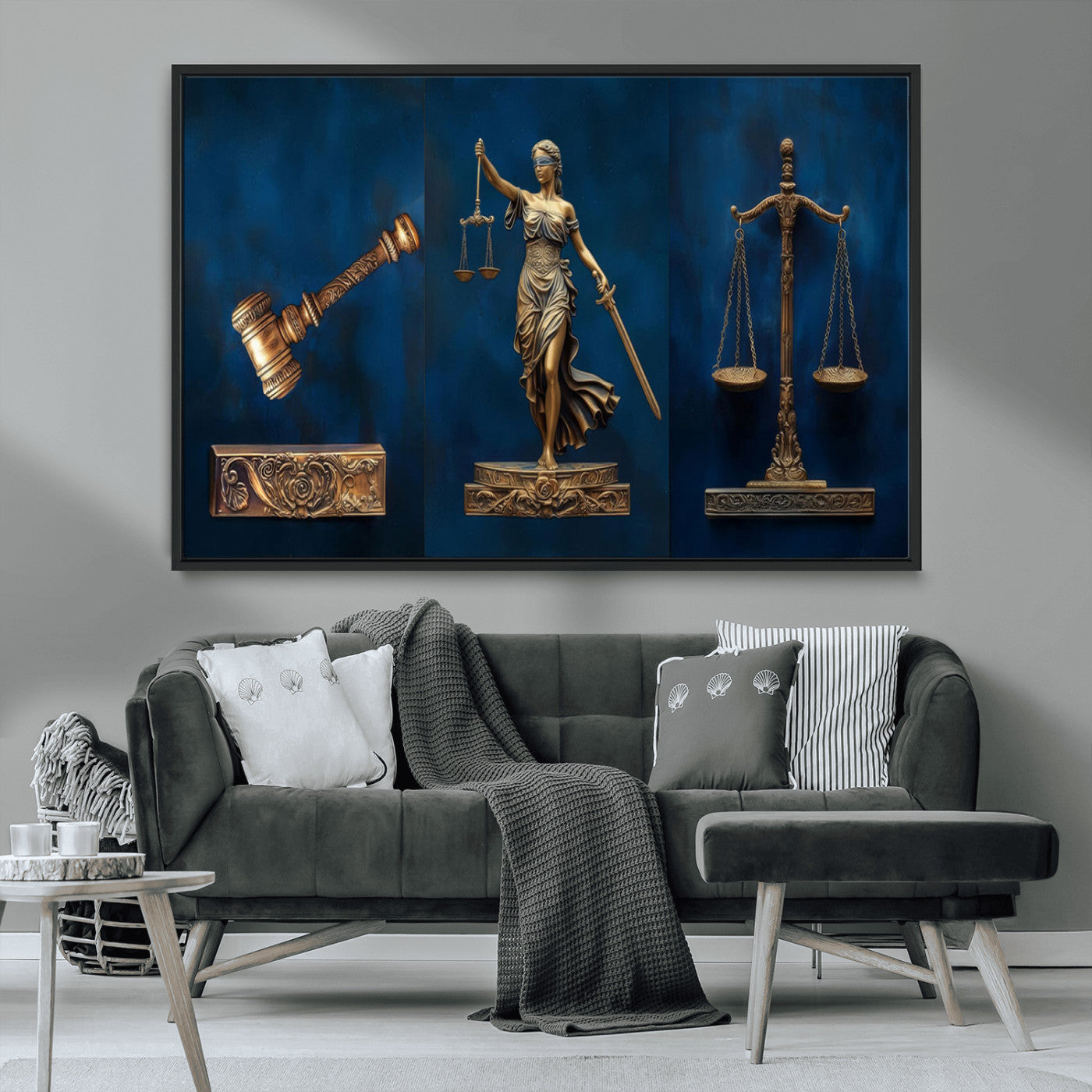 91629053-MGV-CV-36X24-Lady Justice Wall Art – Golden Gavel and Scales Canvas Print, Elegant Legal Office Decor for Lawyers, Judges, Courtroom or Study