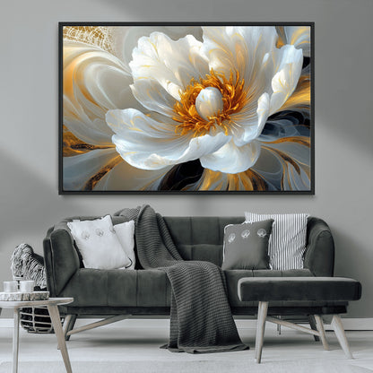 39604126-MGV-CV-36X24-Abstract Flower Wall Art – Elegant White and Gold Bloom Canvas Print, Modern Floral Artwork for Bedroom, Living Room, or Office