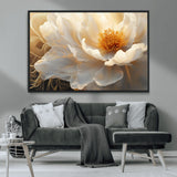29539087-MGV-CV-36X24-Floral Wall Art – Elegant White and Gold Bloom Canvas Print, Romantic Modern Flower Artwork for Bedroom, Living Room, or Office