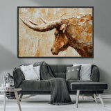 69611428-MGV-CV-36X24-Longhorn Bull Wall Art – Rustic Western Canvas Print, Textured Farmhouse Cattle Painting for Living Room, Office, or Ranch House