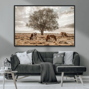 87590224-MGV-CV-36X24-Longhorn Cattle Wall Art – Rustic Western Landscape Canvas Print, Texas Farmhouse Prairie Scene for Living Room, Office, or Ranch