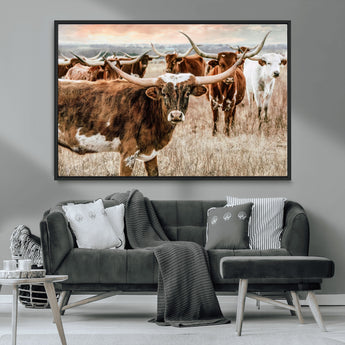 47758300-MGV-CV-36X24-Texas Longhorn Cattle Wall Art – Rustic Western Herd Canvas Print, Cowboy Ranch Farmhouse Decor for Living Room, Office, or