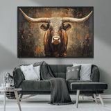 19204445-MGV-CV-36X24-Texas Longhorn Bull Wall Art – Rustic Western Canvas Print, Bold Cowboy Cattle Painting for Ranch House, Farmhouse, Office, or