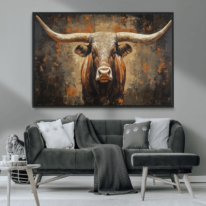 19204445-MGV-CV-36X24-Texas Longhorn Bull Wall Art – Rustic Western Canvas Print, Bold Cowboy Cattle Painting for Ranch House, Farmhouse, Office, or