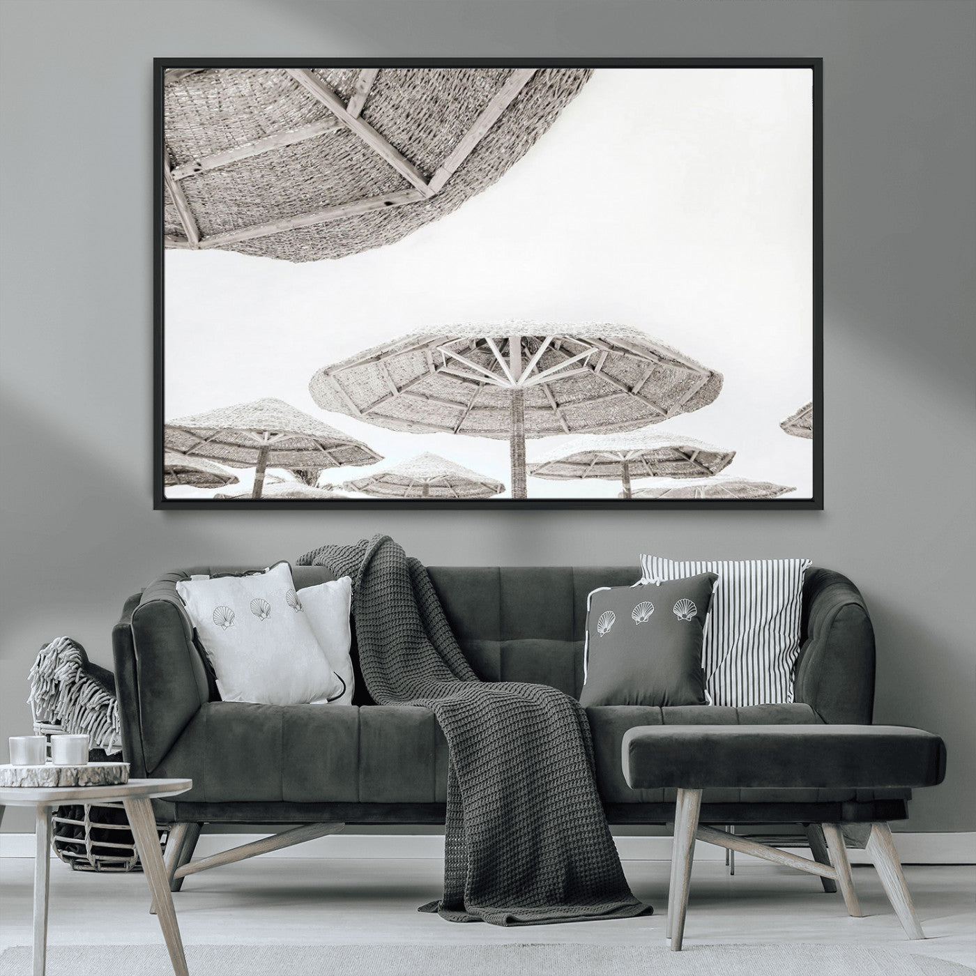 97043123-MGV-CV-36X24-Beach Umbrella Wall Art – Minimalist Coastal Canvas Print, Woven Parasol Summer Decor for Bedroom, Living Room, or Modern Beach