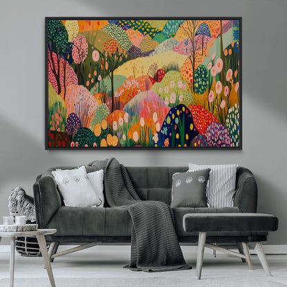79636380-MGV-CV-36X24-Colorful Abstract Landscape Wall Art – Vibrant Hills and Flowers Canvas Print, Modern Whimsical Artwork for Living Room, Bedroom,