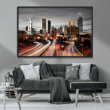 59097239-MGV-CV-36X24-City Skyline Wall Art – Modern Black and White Night Canvas Print with Red Light Trails, Urban Landscape Decor for Living Room or