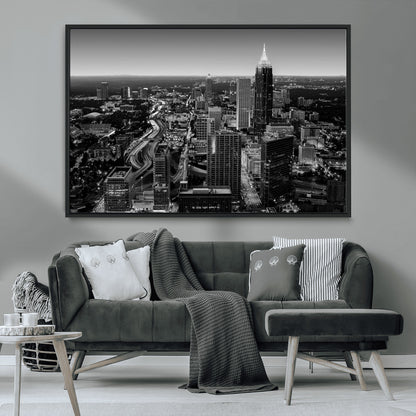 46578567-MGV-CV-36X24-Atlanta Skyline Wall Art – Black and White Cityscape Canvas Print, Modern Urban Night Decor for Office, Living Room, or Apartment