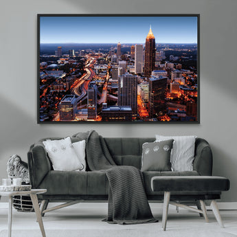81886632-MGV-CV-36X24-Atlanta Skyline Wall Art – Vibrant City Lights Canvas Print, Modern Urban Cityscape Decor for Living Room, Office, or Apartment