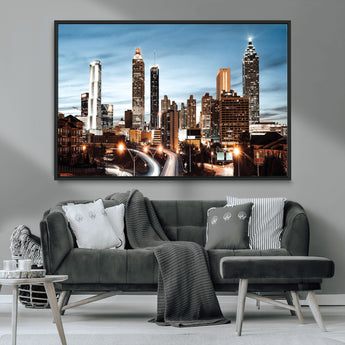 23859158-MGV-CV-36X24-Atlanta Skyline Wall Art – Modern Cityscape Canvas Print with Night Lights and Traffic Trails, Urban Decor for Office, Apartment,