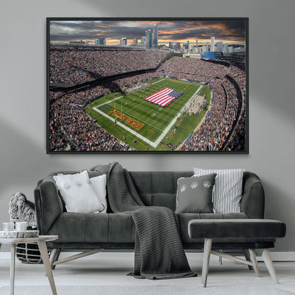 98106777-MGV-CV-36X24-Soldier Field Wall Art – Chicago Bears Stadium Canvas Print with American Flag, Game Day Football Decor for Man Cave, Bar, or
