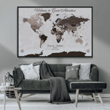 43749658-MGV-CV-36X24-Welcome to Great Adventure World Map Wall Art – Charcoal Gray Canvas Print, Rustic Travel Decor for Living Room, Study, Office or