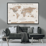 63516865-MGV-CV-36X24-Explore Dream Discover World Map Wall Art – Inspirational Travel Adventure Canvas Print, Neutral Parchment Style Explorer Decor