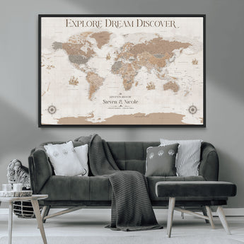 63516865-MGV-CV-36X24-Explore Dream Discover World Map Wall Art – Inspirational Travel Adventure Canvas Print, Neutral Parchment Style Explorer Decor