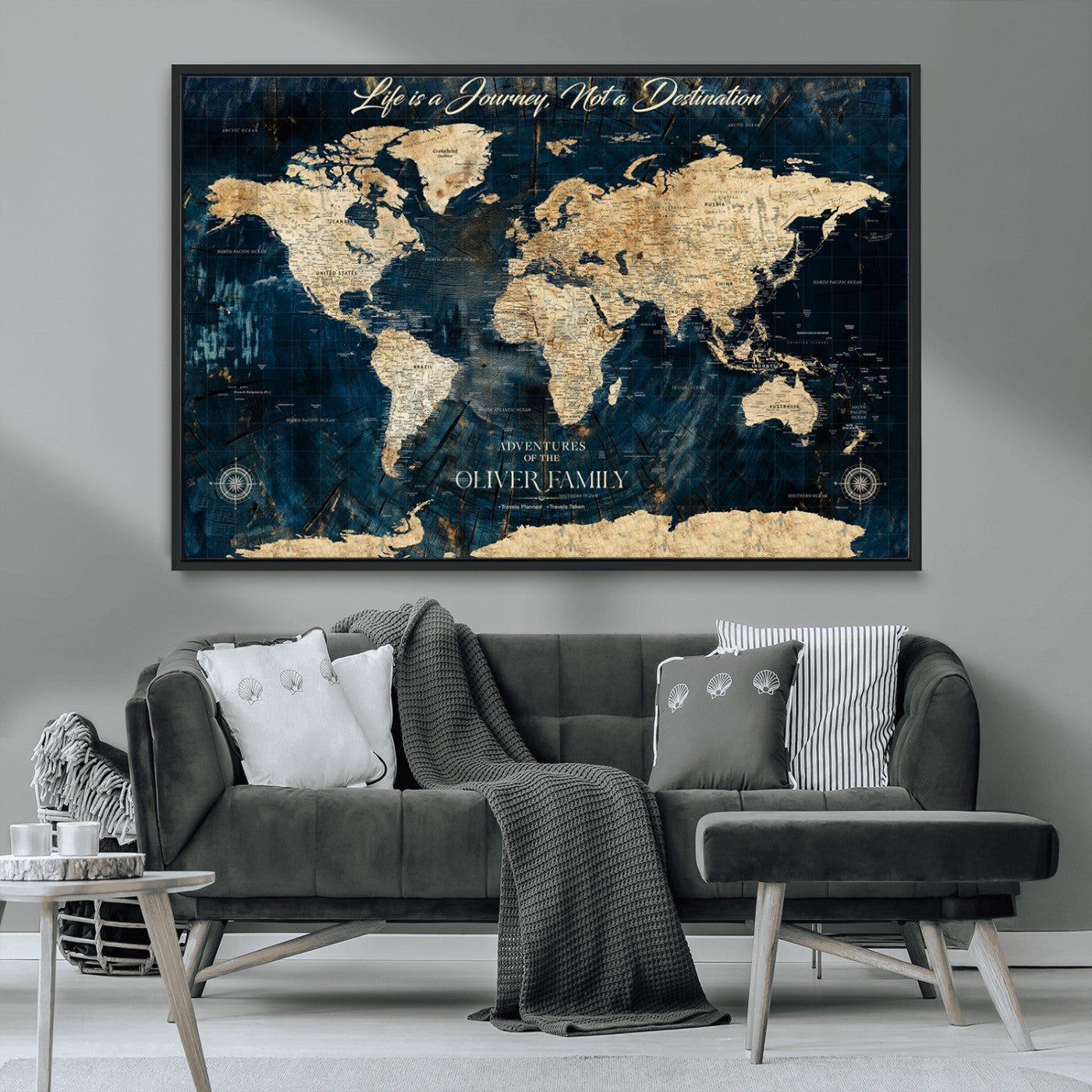 36970886-MGV-CV-36X24-Life is a Journey Not a Destination World Map Rustic Navy Beige Vintage Travel Wall Art Adventure Quote Canvas Print for Home