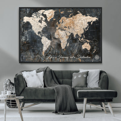 37848568-MGV-CV-36X24-Life is a Journey Not a Destination World Map Rustic Wood Texture Vintage Beige Navy Adventure Wall Art Canvas Print for Home