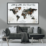 88337180-MGV-CV-36X24-Little by Little One Travels Far Tolkien Quote World Map Rustic Black Brown Adventure Wall Art Canvas Print for Home Office Living