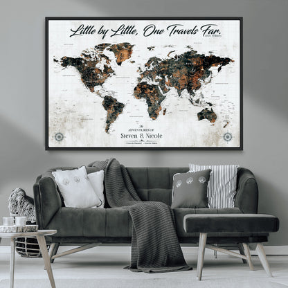 88337180-MGV-CV-36X24-Little by Little One Travels Far Tolkien Quote World Map Rustic Black Brown Adventure Wall Art Canvas Print for Home Office Living