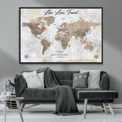 43924907-MGV-CV-36X24-Live Love Travel Wall Art – Neutral World Map Canvas Print, Rustic Adventure Decor for Home, Office or Living Room, Unique Gift