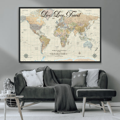 19479008-MGV-CV-36X24-Live Love Travel Wall Art – Detailed World Map Canvas Print, Adventure Decor for Living Room, Office or Bedroom, Travel Gift for