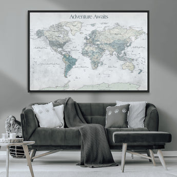 TEST111-MGV-CV-36X24-Personalized Adventure Awaits Push Pin World Map – Custom Framed Travel Tracker Canvas Wall Art for Home, Office