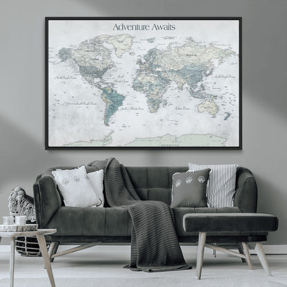 TEST111-MGV-CV-36X24-Personalized Adventure Awaits Push Pin World Map – Custom Framed Travel Tracker Canvas Wall Art for Home, Office