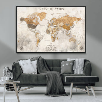 99422096-MGV-CV-36X24-Adventure Awaits World Map Wall Art – Neutral Beige Canvas Print, Modern Travel Inspired Wall Decor for Living Room, Bedroom or