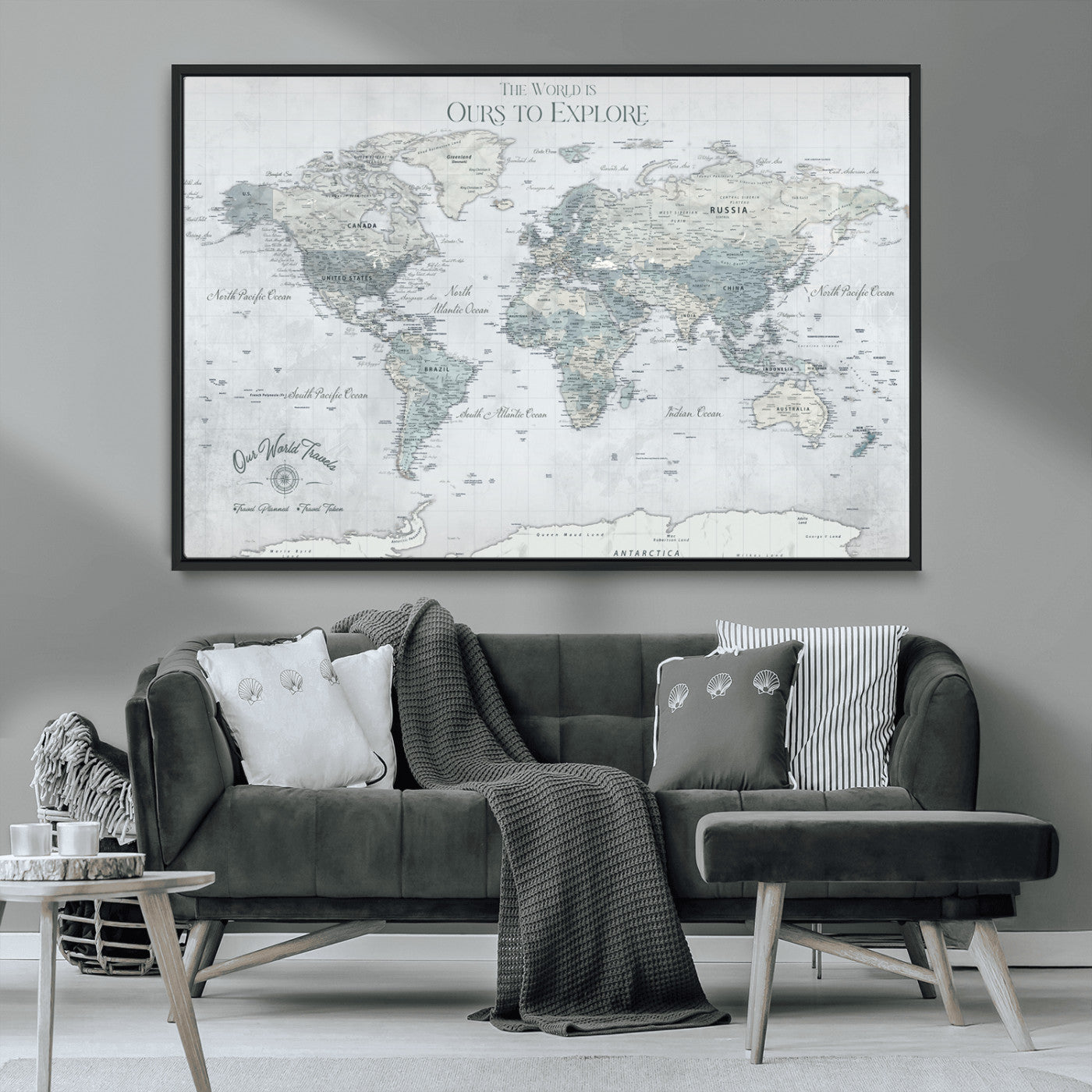 94249974-MGV-CV-36X24-Ours Explore World Map Wall Art – Modern Travel Canvas Print, Neutral Adventure Decor for Living Room, Office, Study, Bedroom,