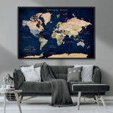 43160428-MGV-CV-36X24-Adventure Awaits Navy Blue World Map – Vibrant Travel Canvas Wall Art, Antique Atlas Print, Wanderlust Decor for Home Office