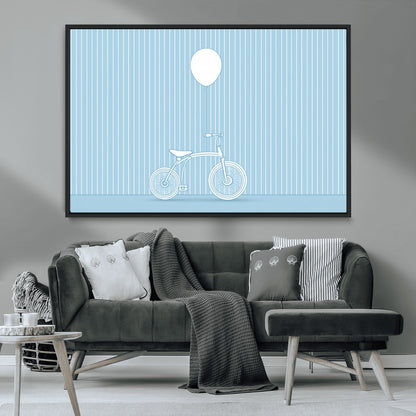 56479838-MGV-CV-36X24-Bicycle Wall Art – Minimalist Blue Canvas Print with Balloon Illustration, Modern Decor Artwork for Kids Room, Nursery, or Living