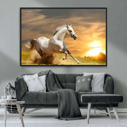 44295212-MGV-CV-36X24-Horse Wall Art – Running White Stallion Canvas Print with Sunset Background, Western Wildlife Decor for Living Room, Office, or