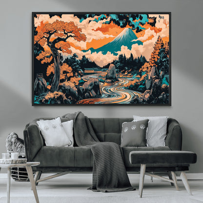 21638941-MGV-CV-36X24-Japanese Landscape Wall Art – Mount Fuji and Flowing River Ukiyo-e Style Canvas Print, Traditional Japan Inspired Artwork for