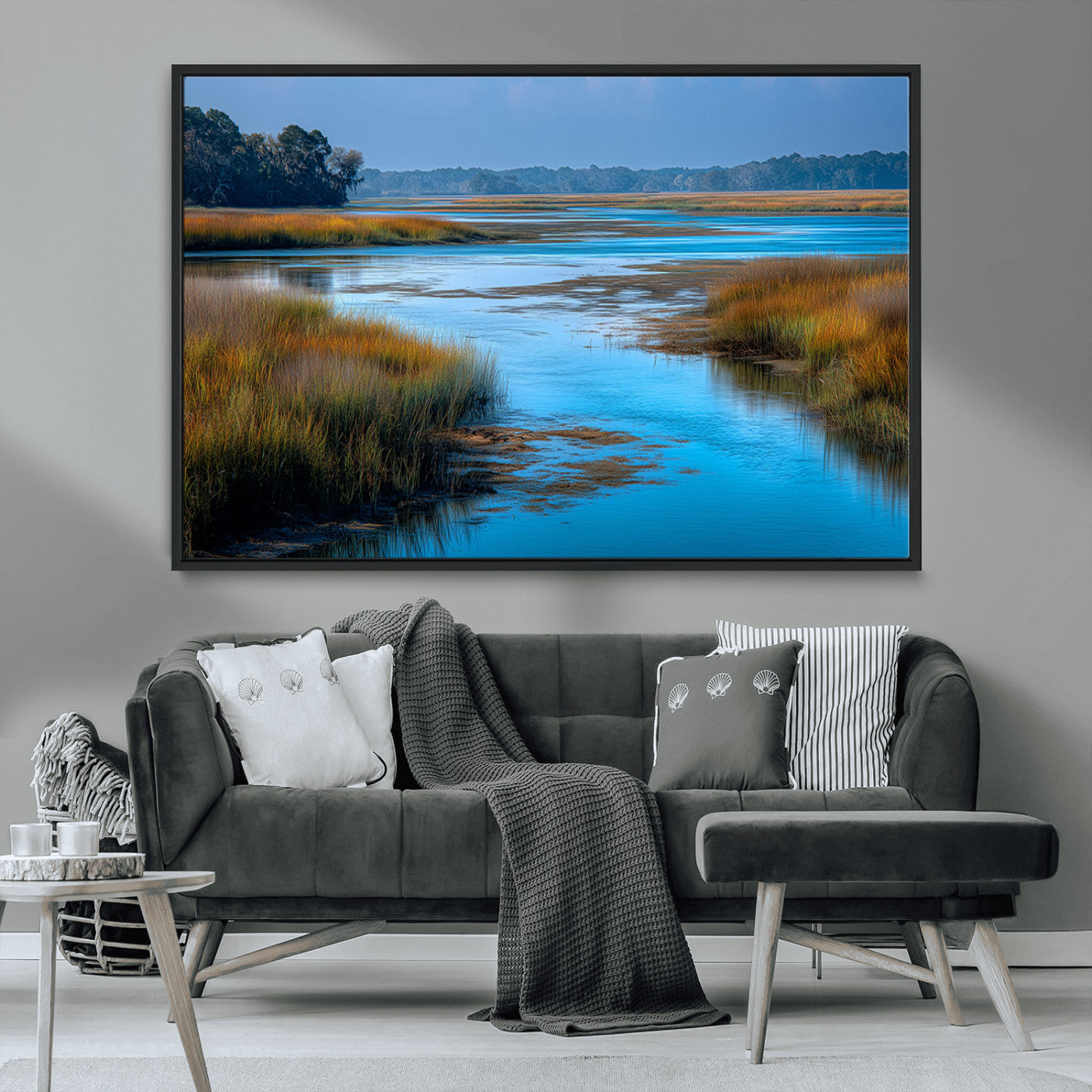 26300004-MGV-FC-36X24_Black-Tranquil Marshland Canvas Wall Art – Blue Water, Reflective Sky, Golden Grasses, Calm Nature Landscape, Scenic Outdoor Beauty for