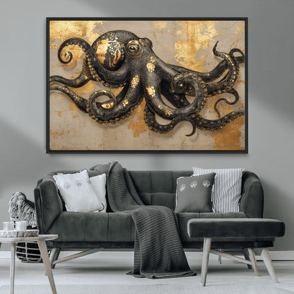 57944271-MGV-CV-36X24-Octopus Wall Art – Black and Gold Nautical Canvas Print, Modern Ocean Inspired Artwork with Elegant Detailing, Coastal Marine