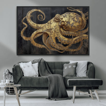 47056538-MGV-FC-36X24_Black-Octopus Canvas Wall Art – Gold Detail, Wooden Texture, Marine Life, Ocean Creature Tentacles, Nautical Coastal Rustic Decor for