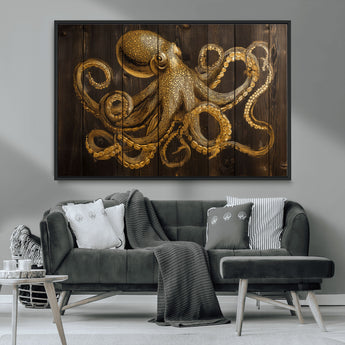 56769669-MGV-CV-36X24-Octopus Wall Art – Gold Nautical Canvas Print with Rustic Wood Panel Design, Detailed Marine Artwork for Coastal Ocean Decoration