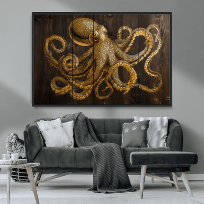 56769669-MGV-CV-36X24-Octopus Wall Art – Gold Nautical Canvas Print with Rustic Wood Panel Design, Detailed Marine Artwork for Coastal Ocean Decoration