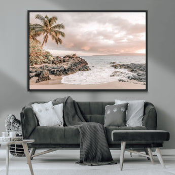 18005328-MGV-CV-36X24-Tropical Beach Wall Art – Coastal Ocean Canvas Print with Palm Tree, Sunset Sky and Rocky Shore, Serene Seascape Photography for