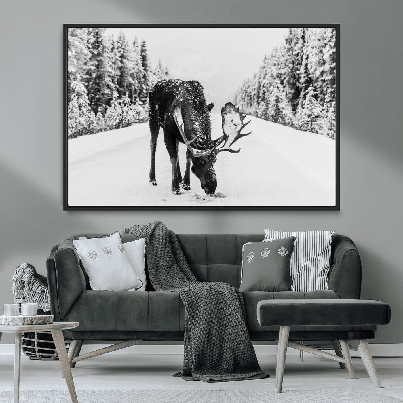 38956835-MGV-CV-36X24-Moose Wall Art – Black and White Wildlife Canvas Print with Snowy Forest Road, Rustic Nature Photography for Cabin, Lodge, Living