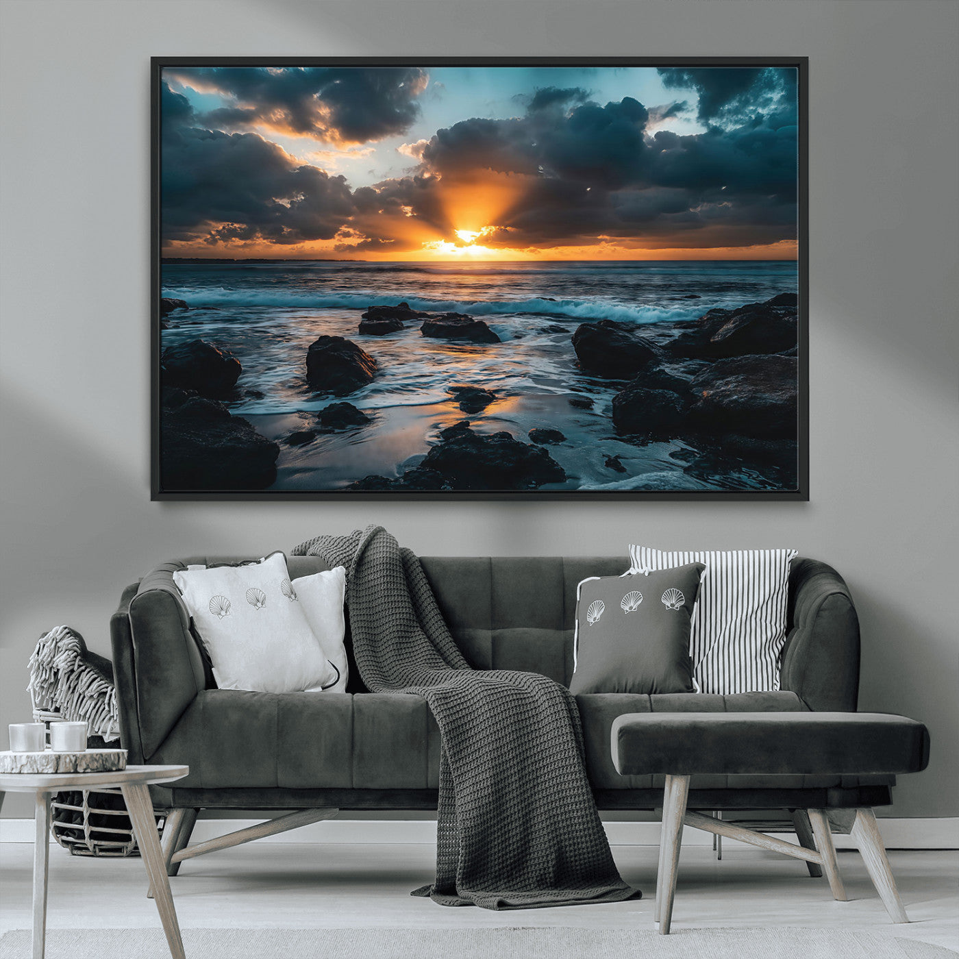 66040852-MGV-FC-36X24_Black-Ocean Sunset Canvas Wall Art – Rocky Shore Waves, Dramatic Clouds, Golden Sun Rays, Coastal Nature, Serene Water Reflection for