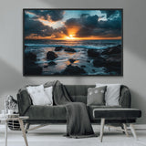 66040852-MGV-FC-36X24_Black-Ocean Sunset Canvas Wall Art – Rocky Shore Waves, Dramatic Clouds, Golden Sun Rays, Coastal Nature, Serene Water Reflection for